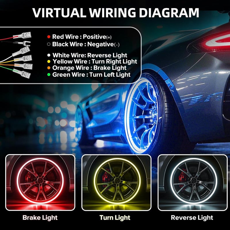 Tavaray 4PCS 15.5" RGB LED Wheel Ring Lights with APP & Remote Control, 178+DIY Dynamic Modes w/Turn Signal Braking and Reverse Function, IP67 Waterproof Wheel Lights for Trucks Pickups Cars Offroad - Image 3